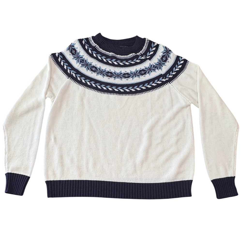 Sigallo Vintage Fair Isle Sweater Womens XL White Navy Nordic Pullover Raglan
